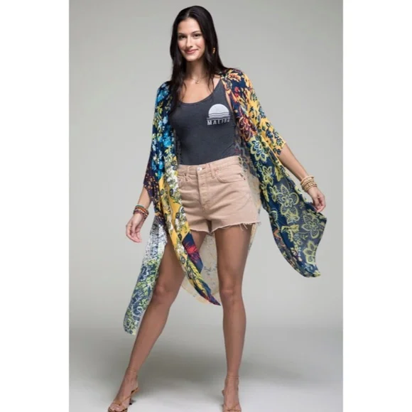 SOLD OUT Laguna Intricate Floral Tile Patchwork Print Kimono Wrap Open Boho - Picture 3 of 5
